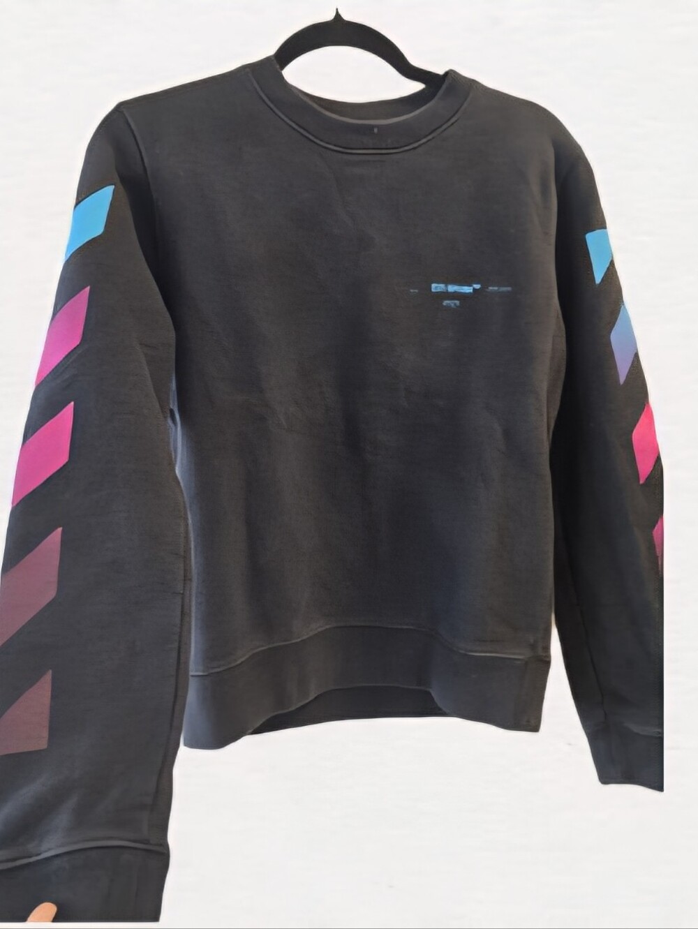 Off-White Black Crewneck Sweater with Gradient Chevron Sleeves